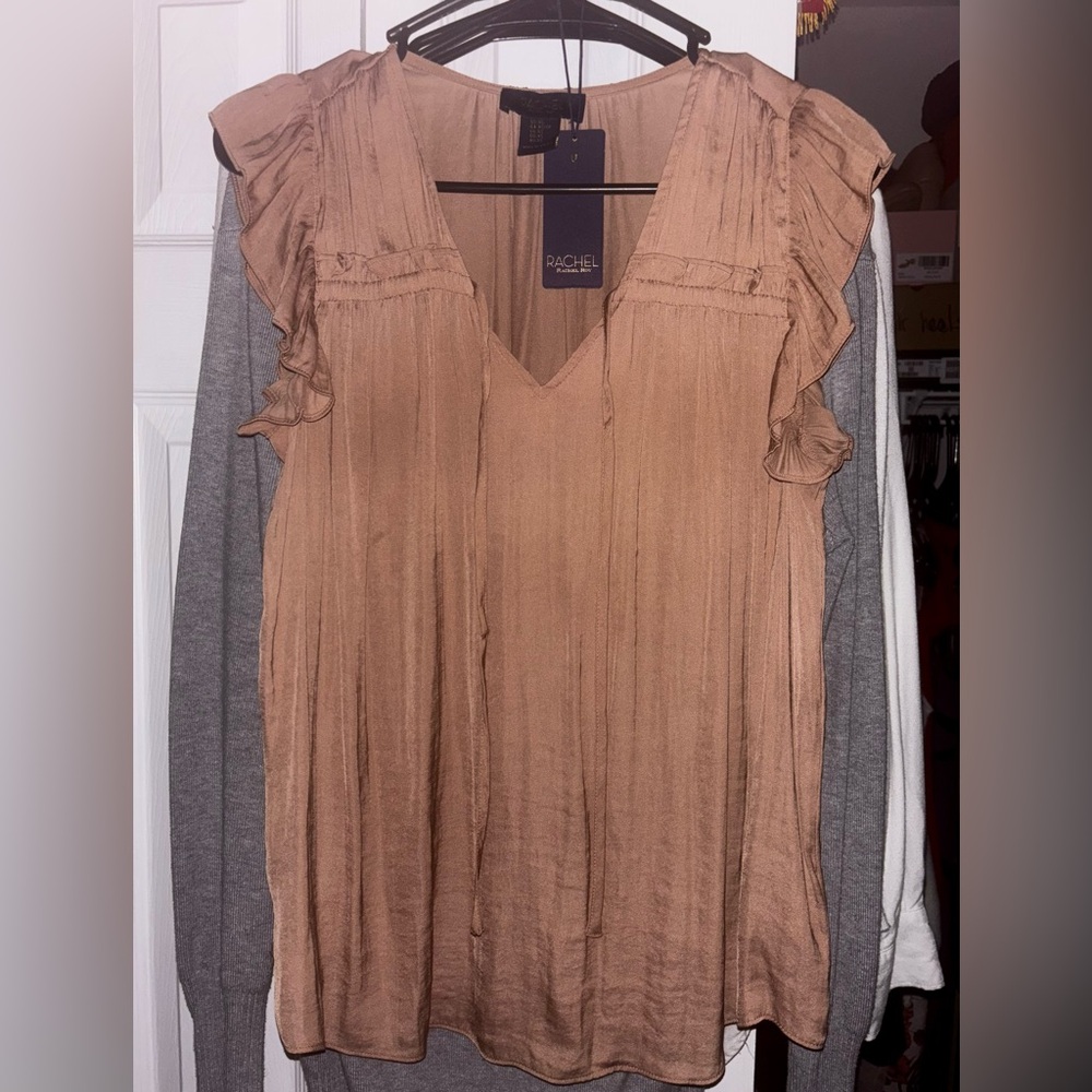 Rachel Zoe Ruffle Cap Sleeve Tie Neck Blouse tan Women’s Size XS